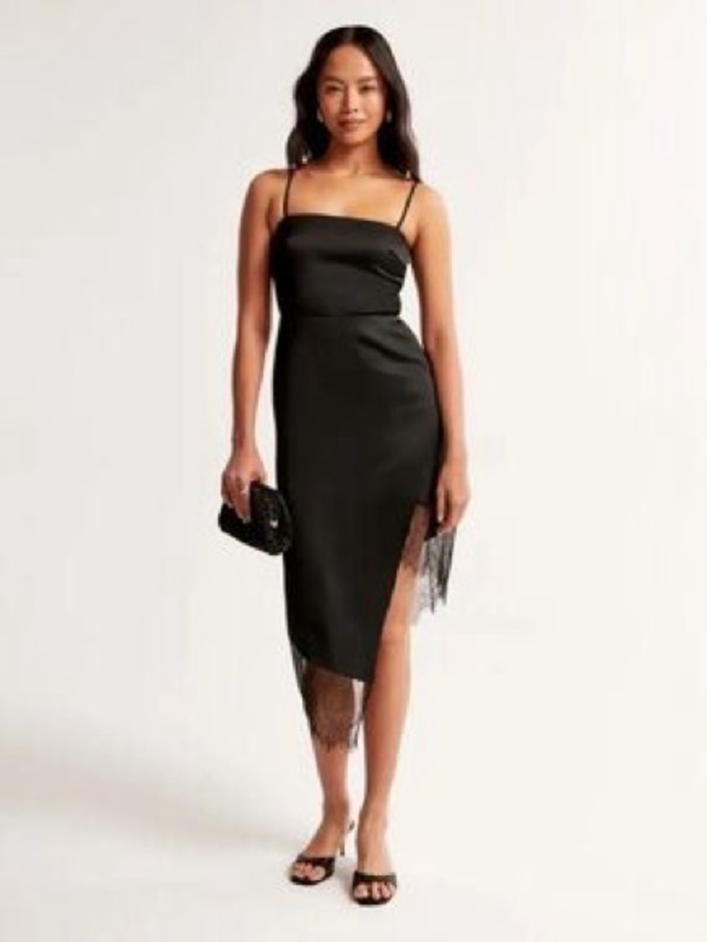 Abercrombie & Fitch Black Satin Midi Slip Dress with Lace Hem and Side Slit